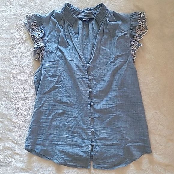 Express Tops - Express Jean Ruffle Sleeve Button Front Blouse Size S Boho Contemporary Style